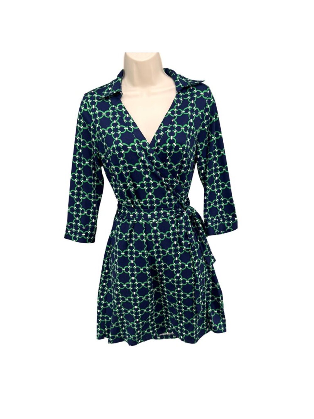 JB Julie Brown Mini Wrap Dress Blue Green Chain Link Long Sleeve Jersey Size S